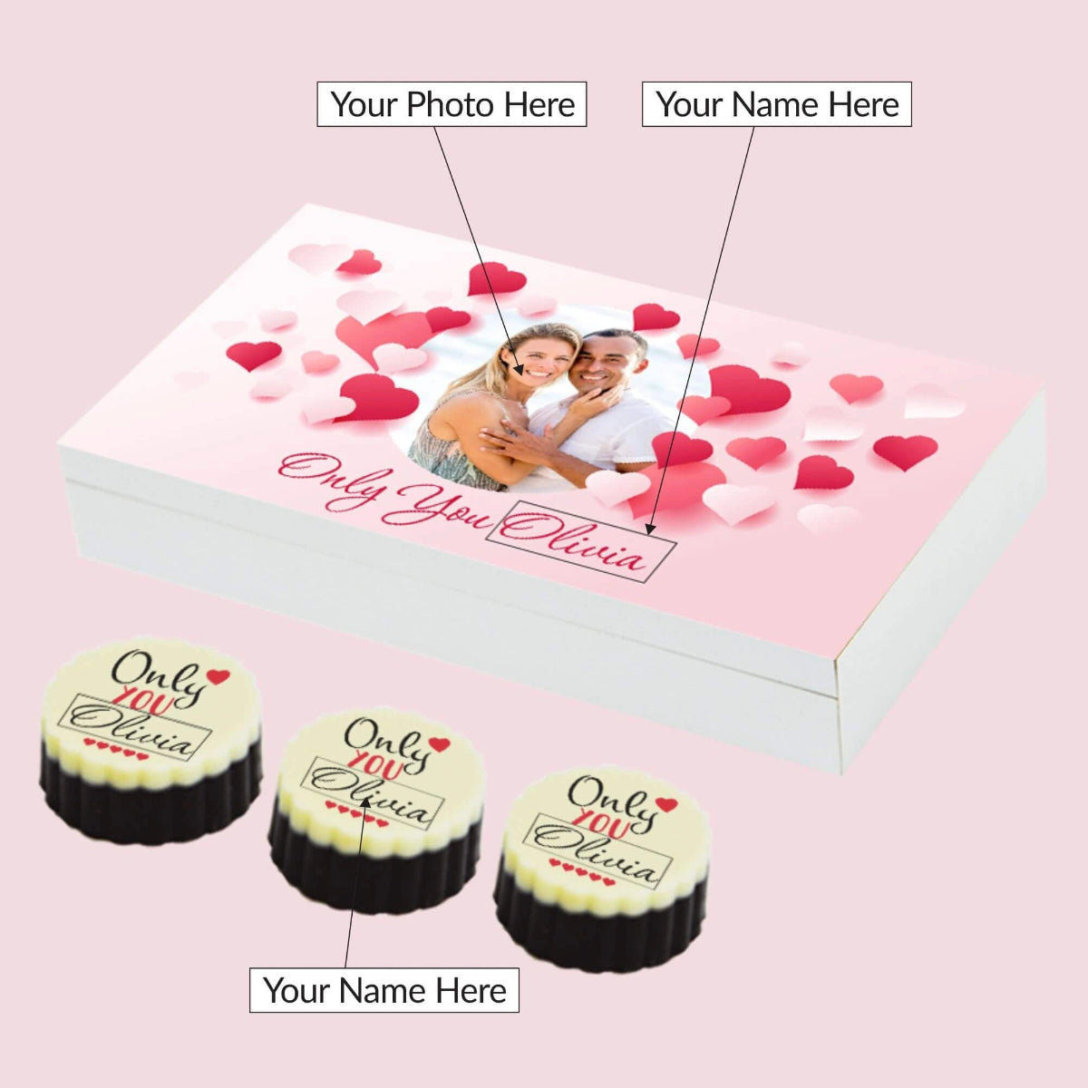 Detail view of romantic gift box with custom message for her