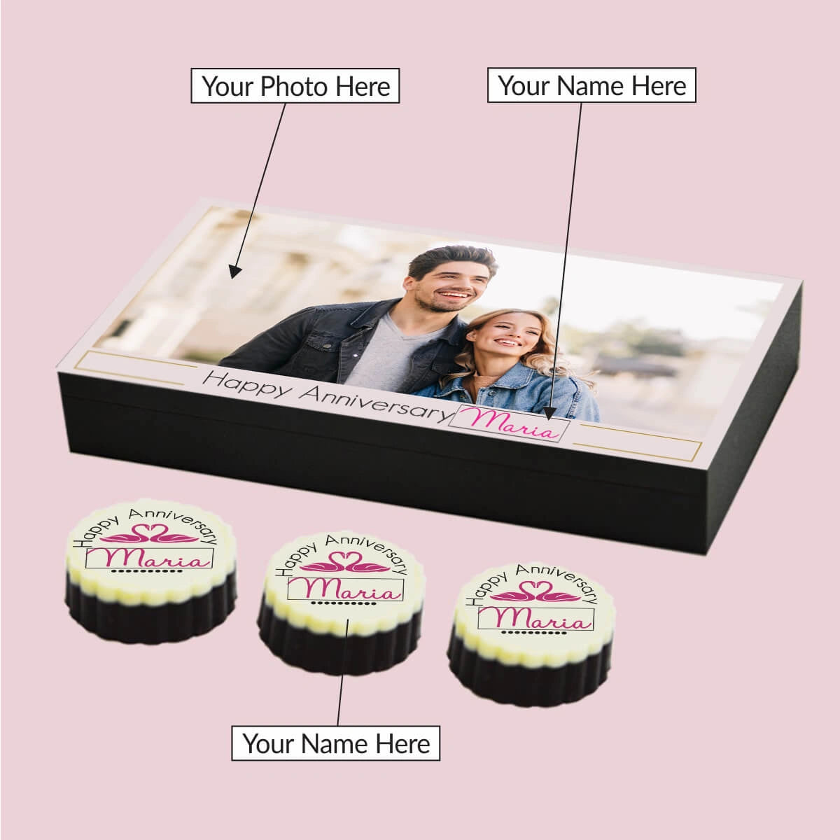 Custom anniversary gift box with photo and name from ChocoCraft