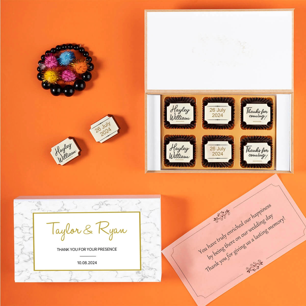 Romantic themed chocolates printed with couple names and date