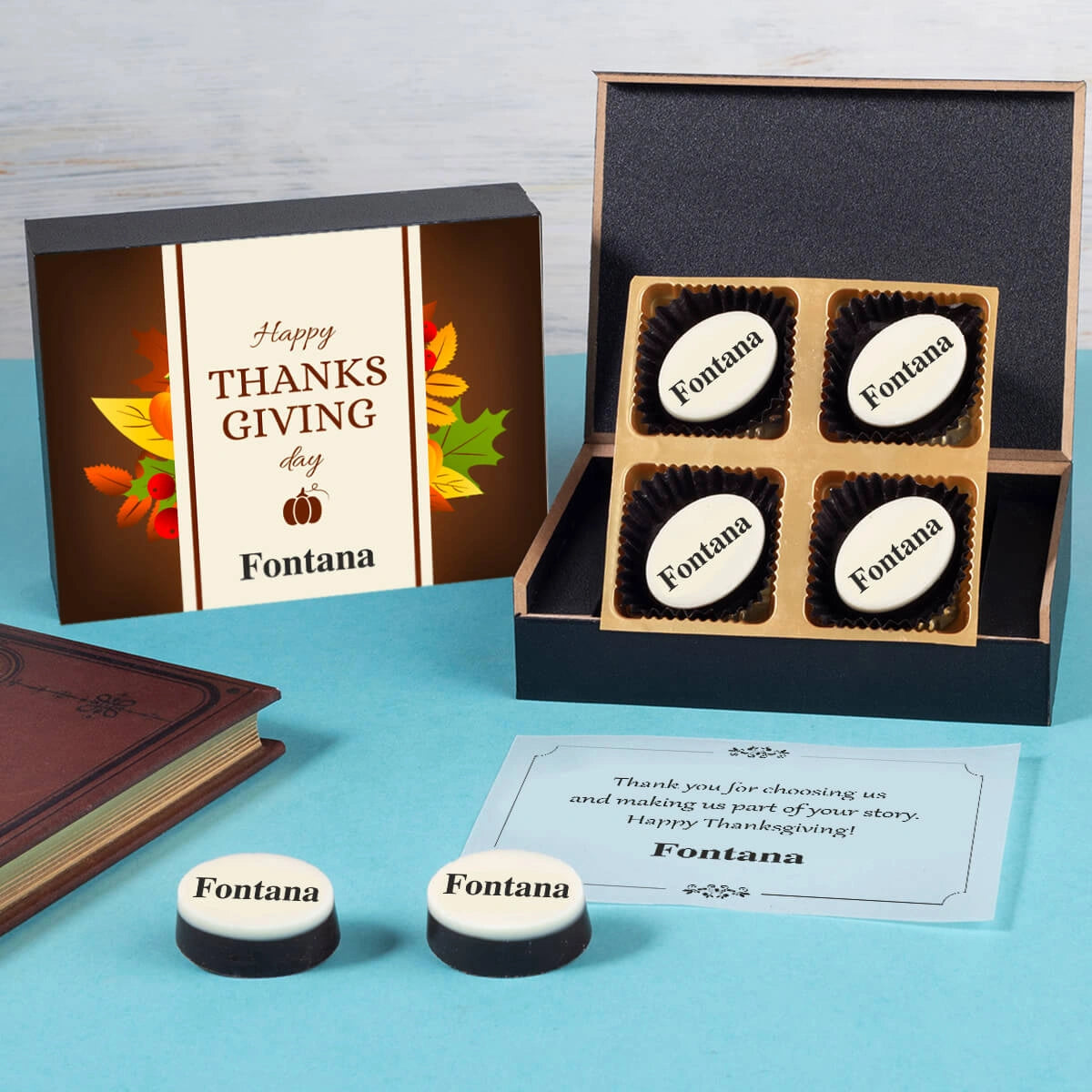 Staff Thanksgiving gifts four-piece chocolate box with company logo in wooden packaging