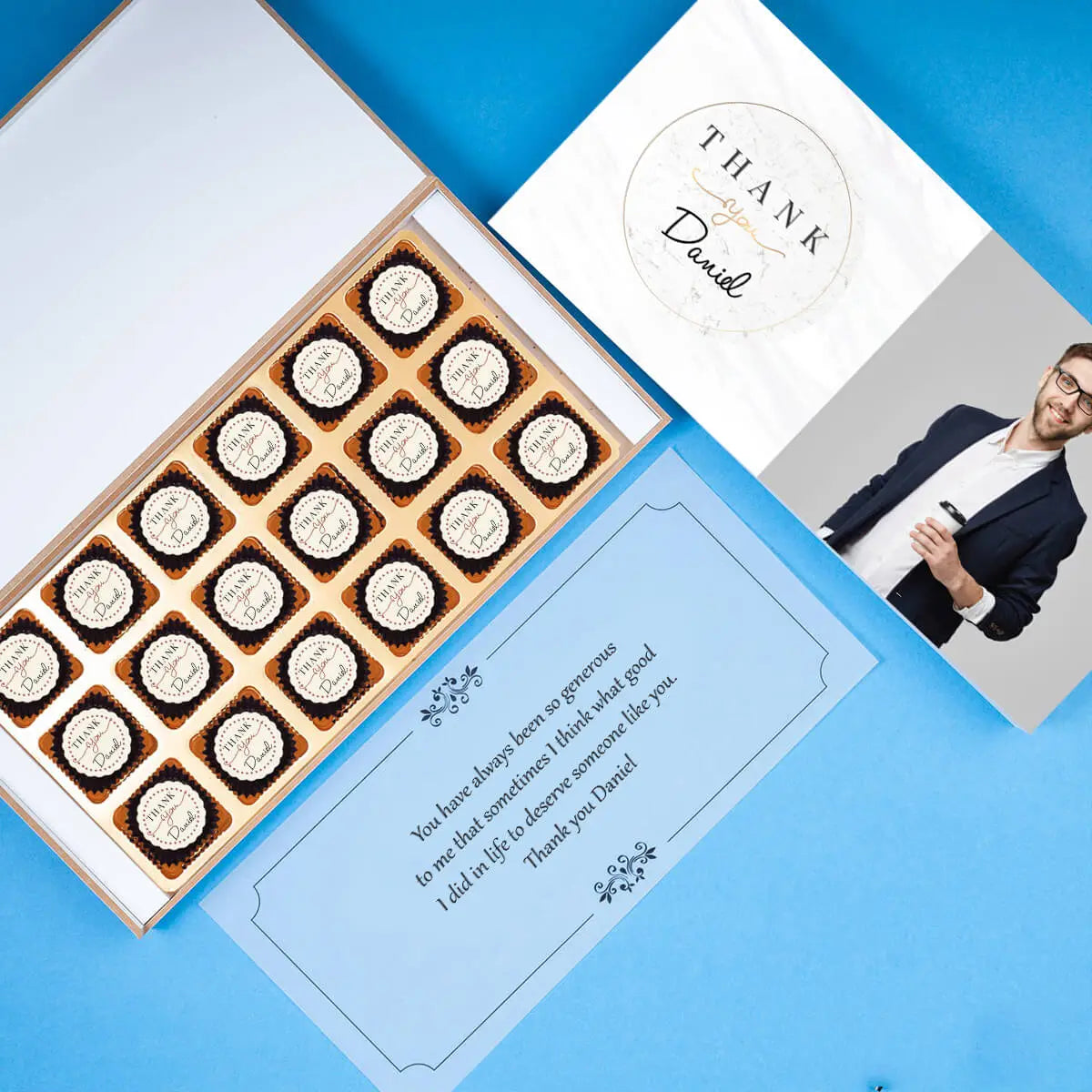 Box view of thank you chocolates and custom appreciation gifts			