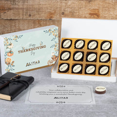 Premium 12-piece Thanksgiving client gift box with personalized logo chocolates in wooden packaging