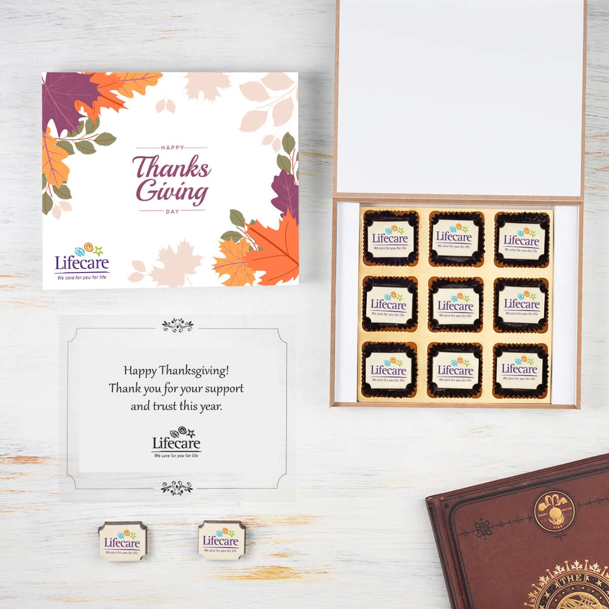 Personalized logo chocolates in a wooden box, perfect Thanksgiving gifts for customers and VIP clients.