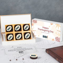 Six-piece Thanksgiving chocolate gift box with custom logo printing in wooden keepsake packaging