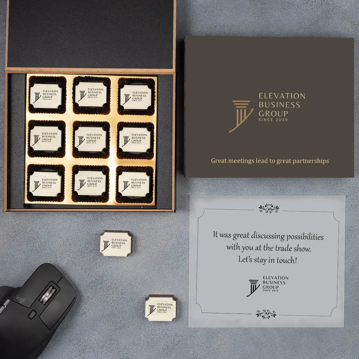 Angled 9-piece chocolate box with logo prints – post meeting gift