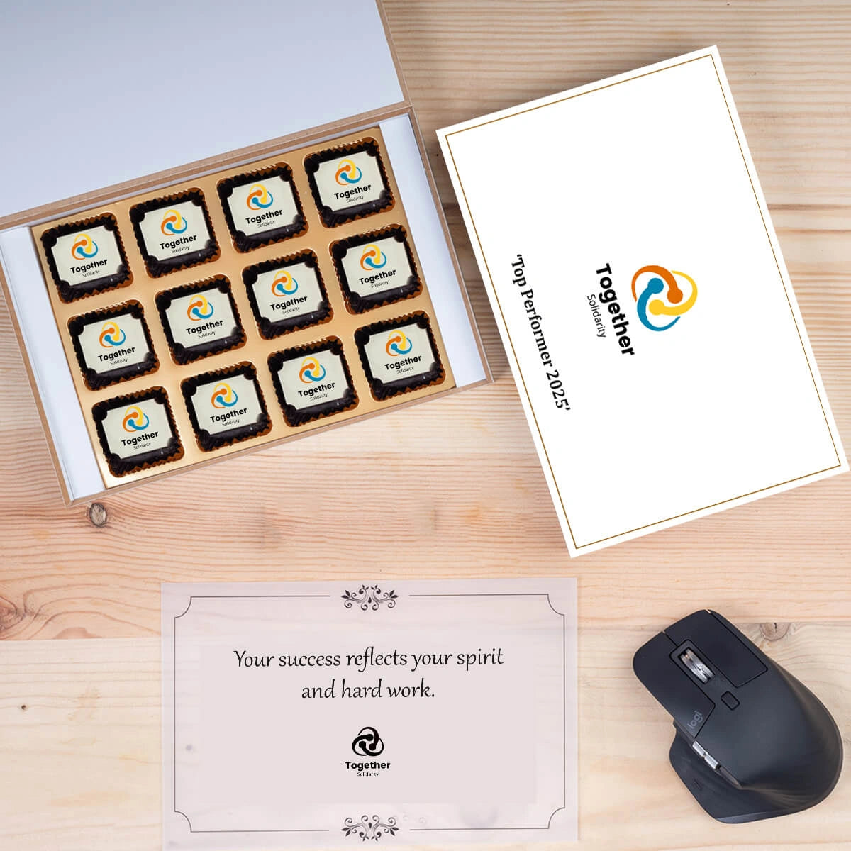 Gift box arranged for top performer with 12 logo chocolates visible