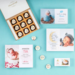 Unique gift box for birth announcement with printed chocolates