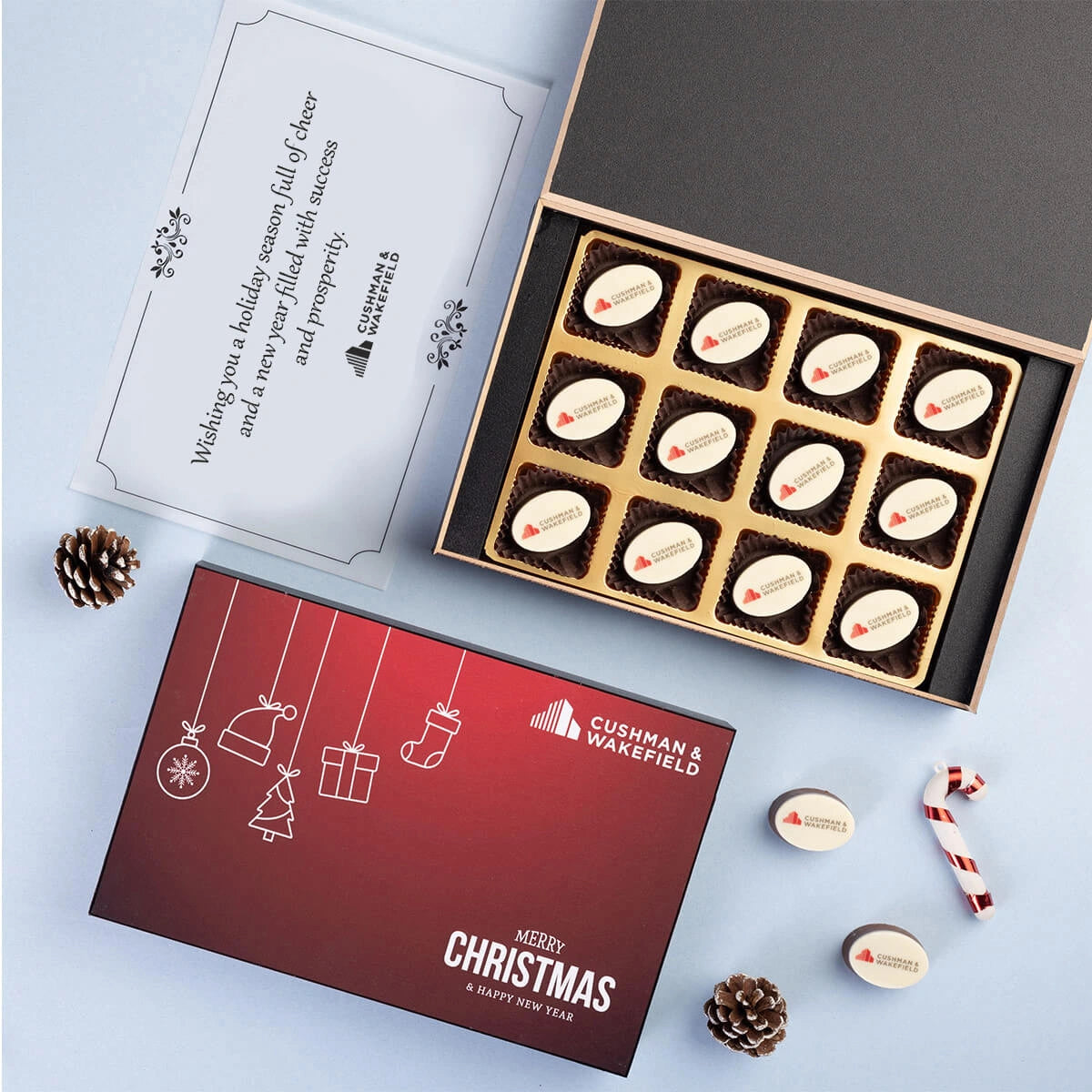 Unique corporate holiday gift box with 12 custom chocolates