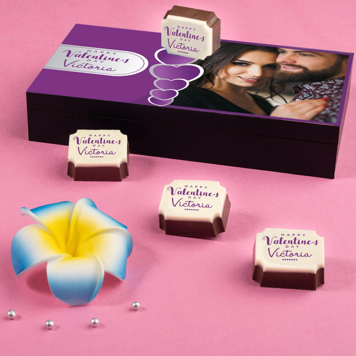 Valentines chocolate box featuring personalized chocolates