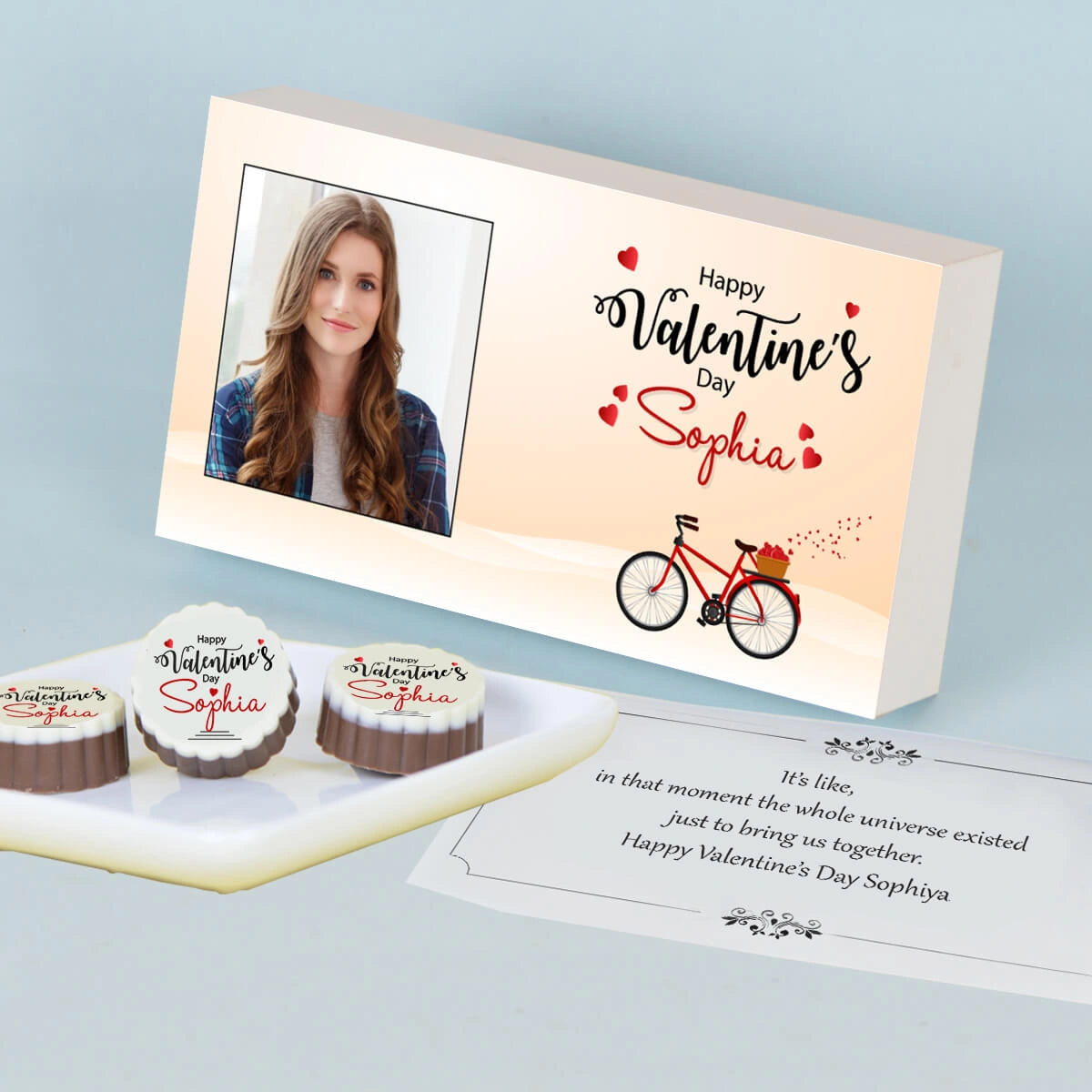 Valentines gifts for her with custom photo and name on printed chocolate gift box from ChocoCraft