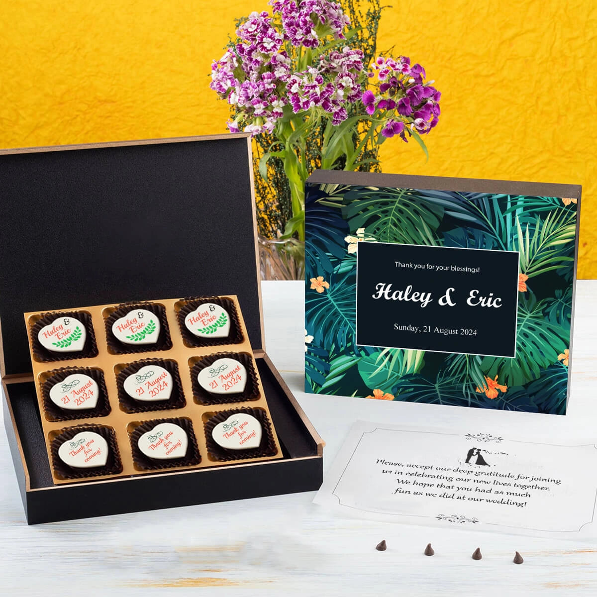 Chocolate printed with wedding date for guest favors