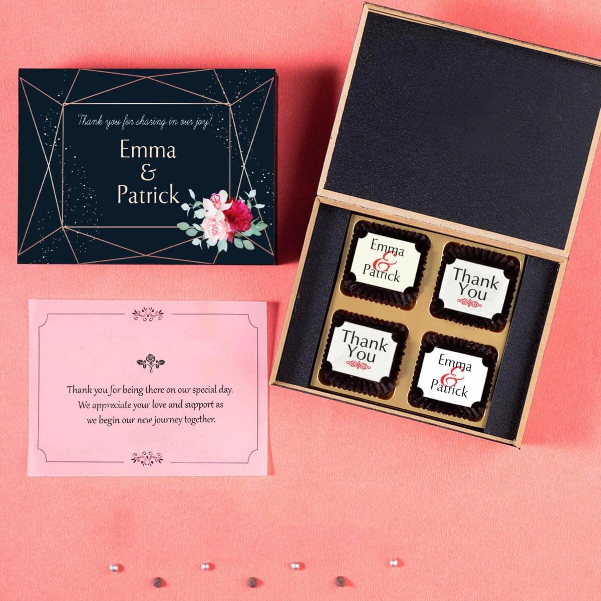 Black wooden wedding favor box with four customized chocolates