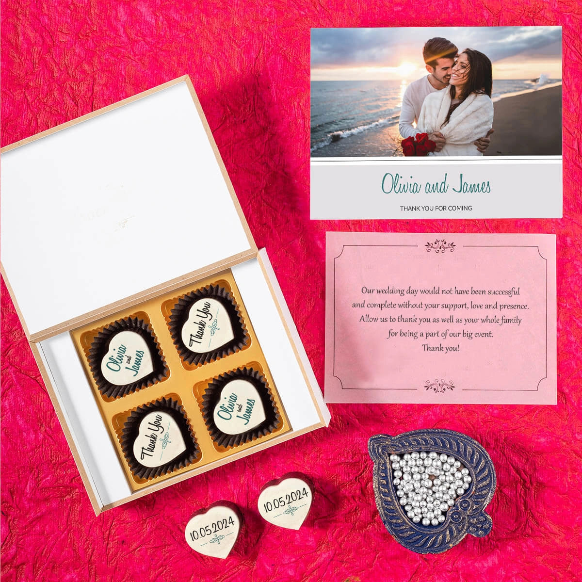 White wooden box with four printed chocolates for wedding guests