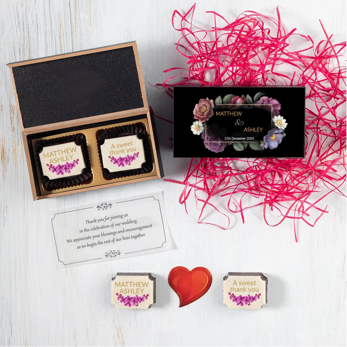 Thank-you card included with wedding favor chocolate box