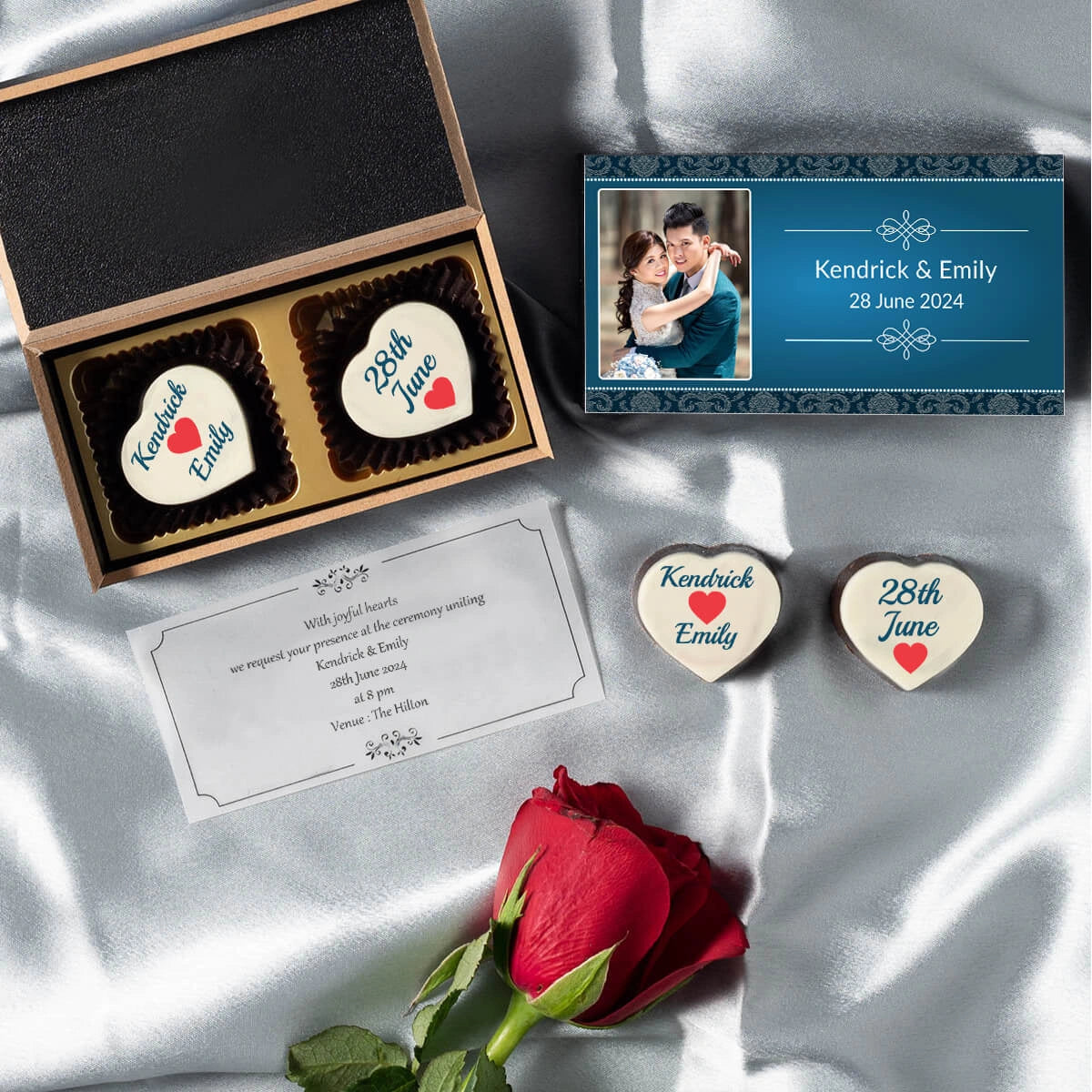 Wedding invitation box featuring two personalized printed chocolates