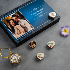 Black MDF version of personalized chocolate wedding invitation box
