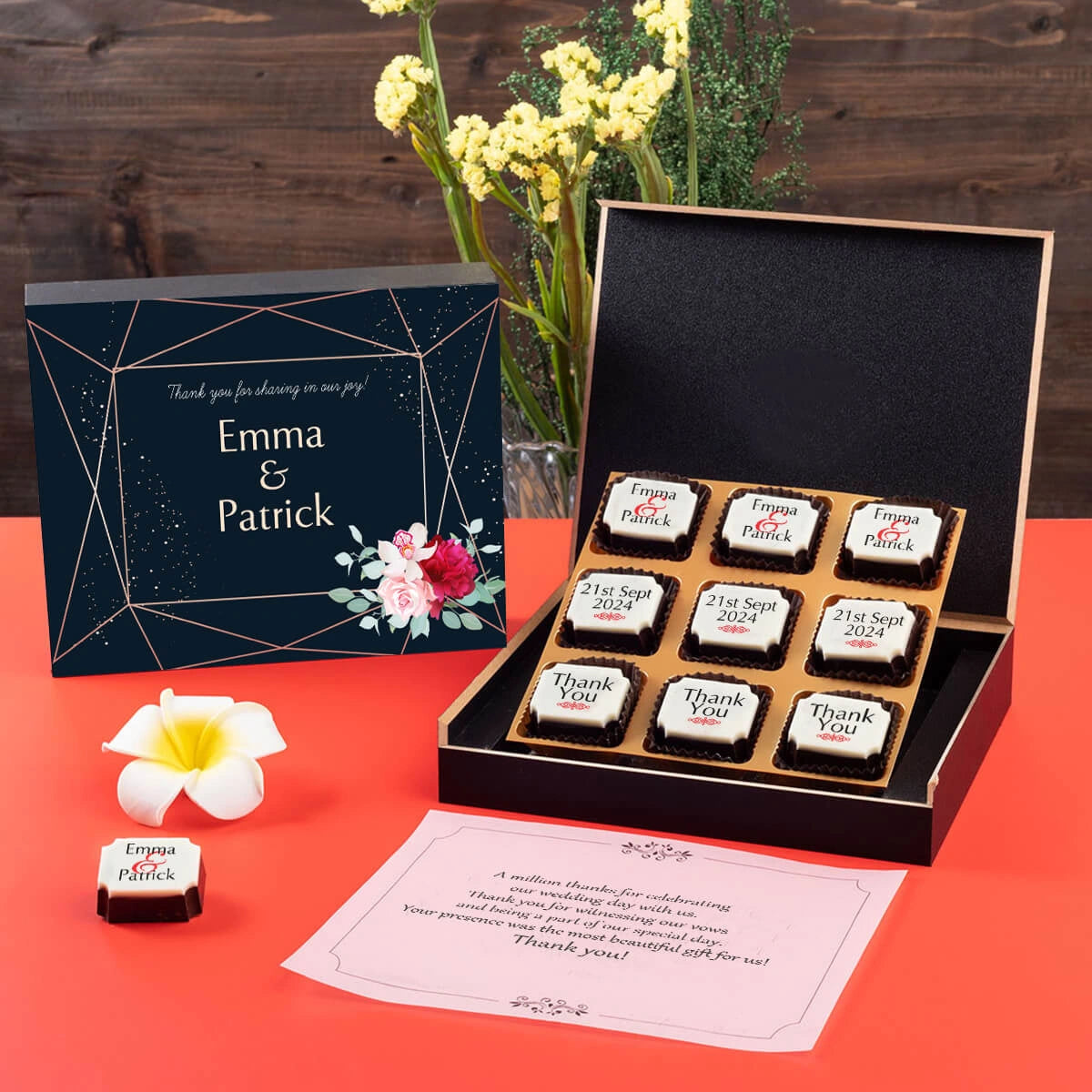 Wedding favor chocolate box placed on guest table setting
