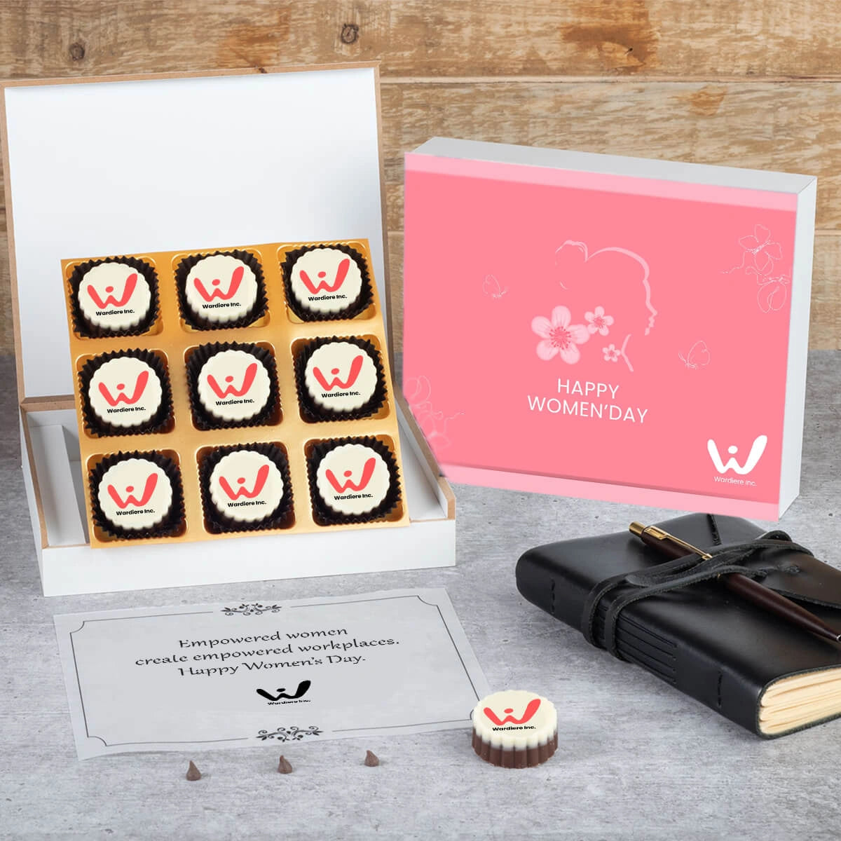 Greeting card placed beside a Women’s Day chocolate gift box