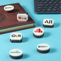 Detailed view of custom logo printed on white chocolate