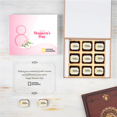 Corporate branding visible on Women’s Day chocolate pieces