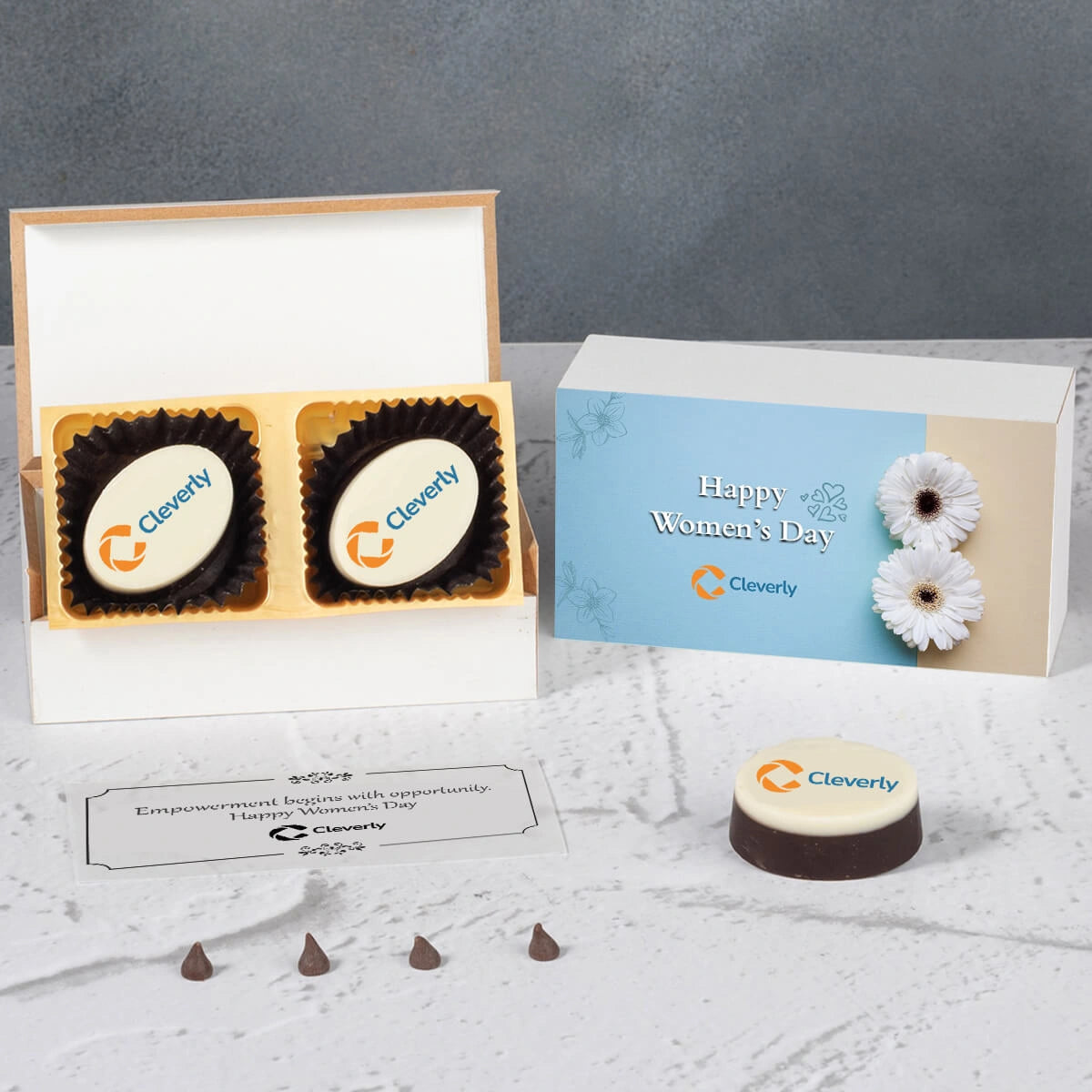 White wooden chocolate gift box designed for Women’s Day corporate gifting