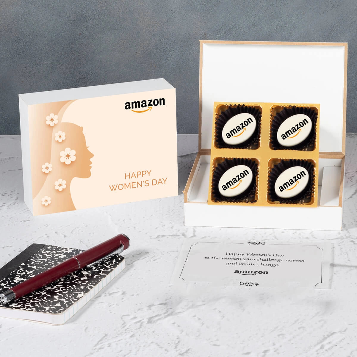 Close-up view of black wooden Women’s Day chocolate box