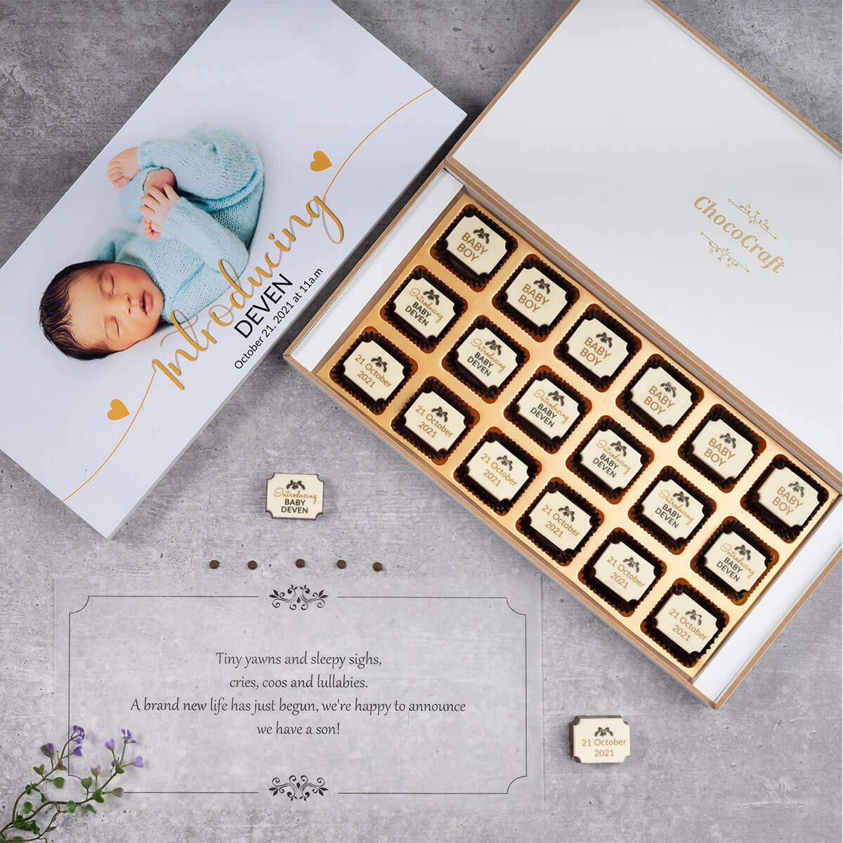 wooden birth announcement chocolate box with elegant finish